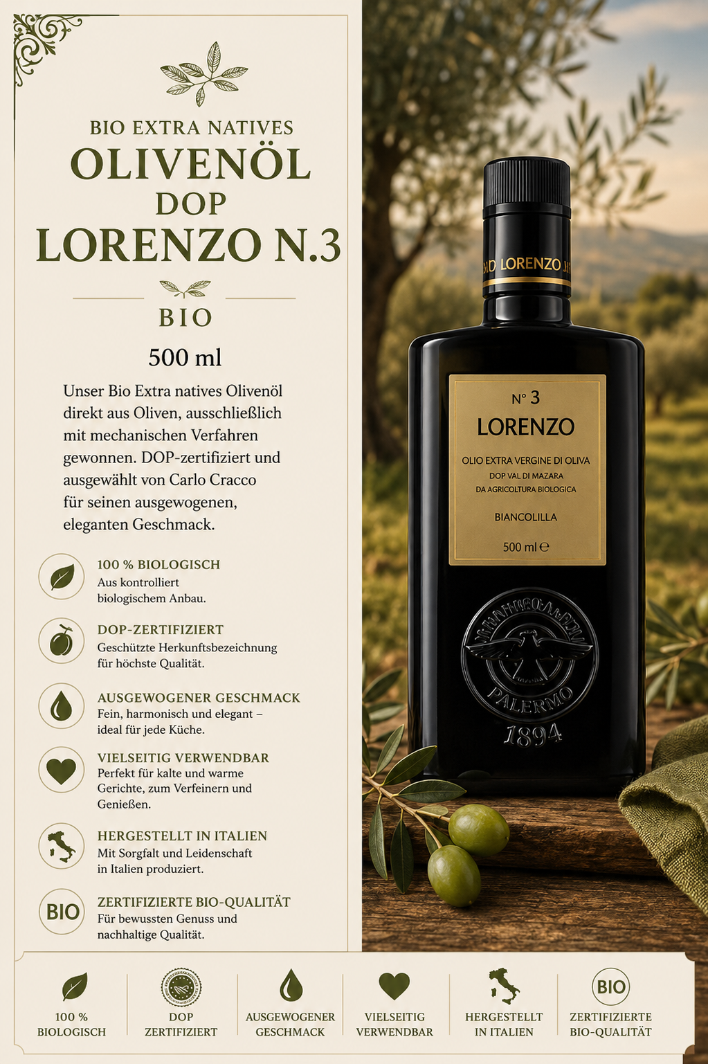 Olivenöl, BIO, 500 ml, DOP, Lorenz0 N.3
