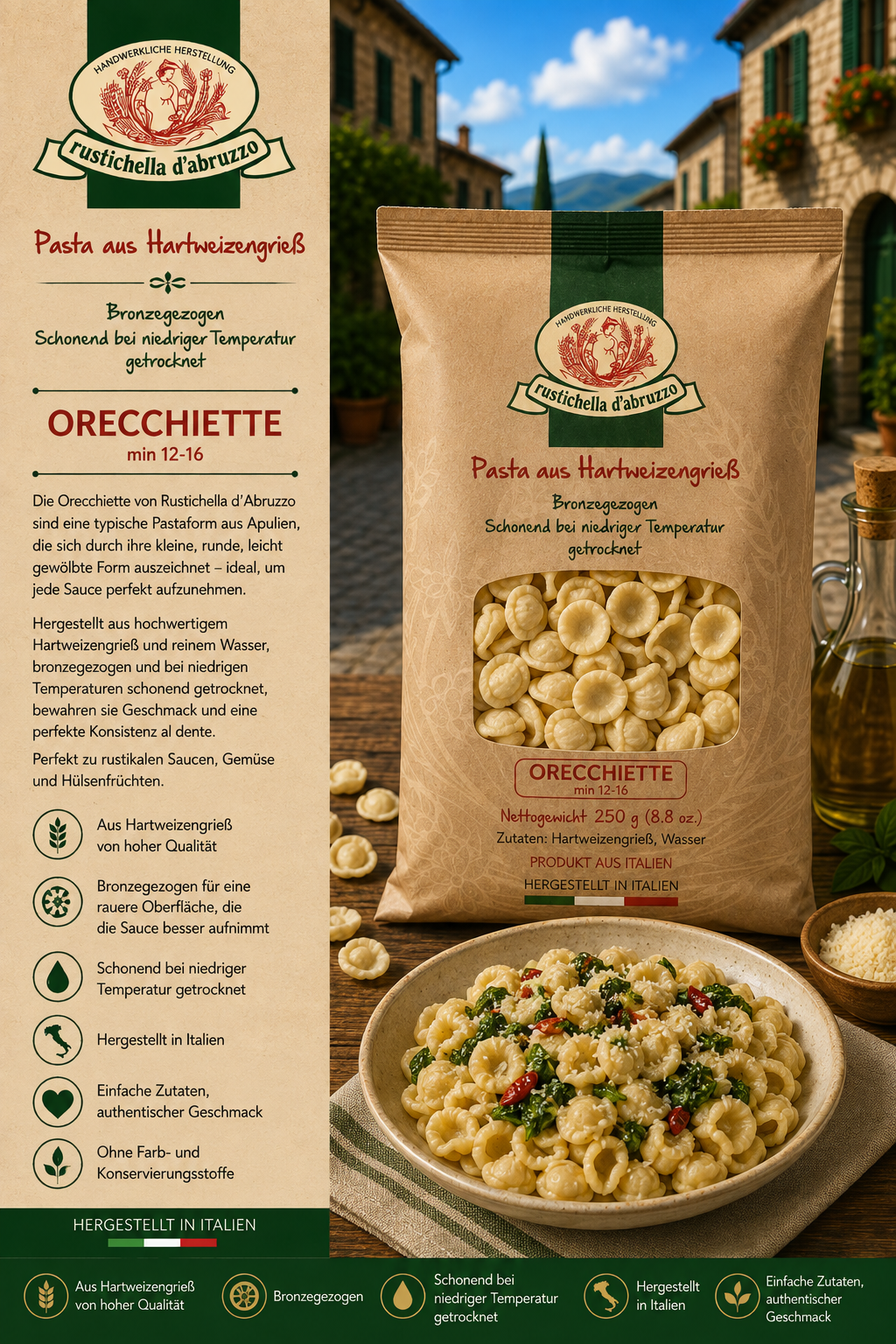 Pasta, Orecchiette, Hartweizengrieß, Bronzgezogen, italienisch