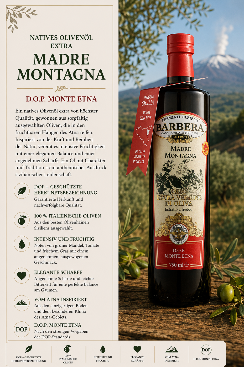 Olivenöl, Extra Virgin, Monte Etna, Barbera, Flasche