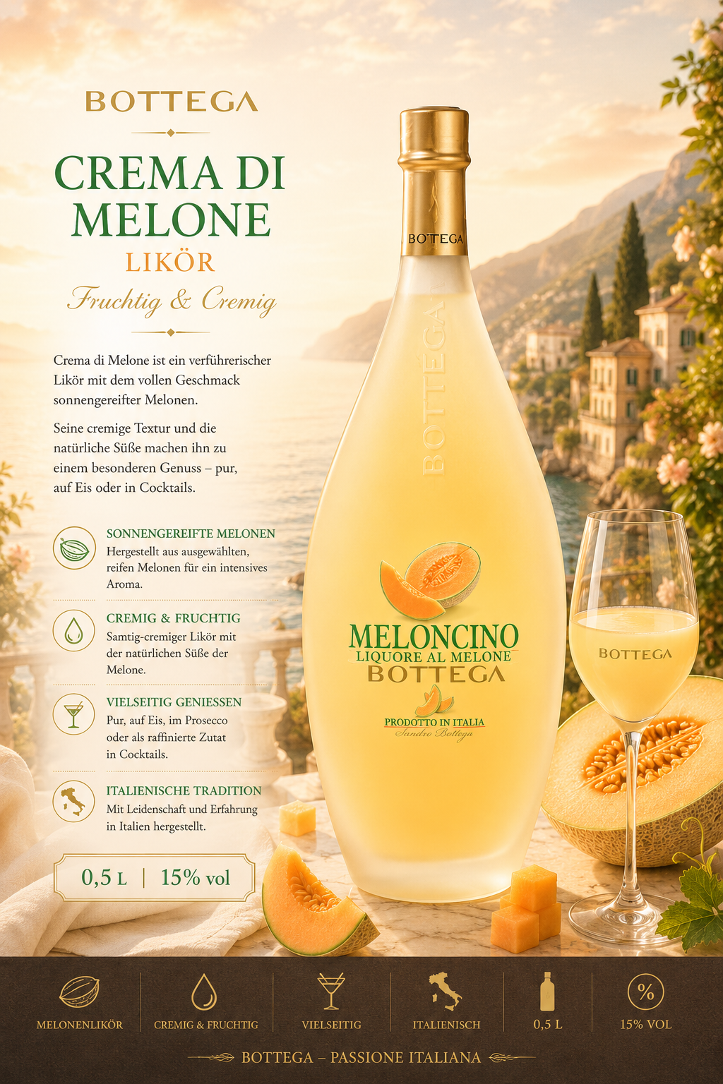 Melonlikör, Likör, Melone, 0,5 L, 15% Vol