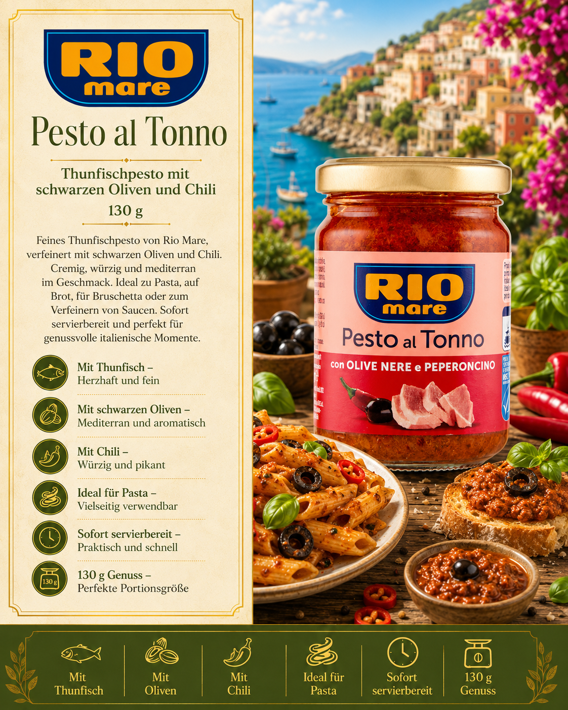 Pesto al Tonno, Rio Mare, Thunfisch Pesto, Pasta Sauce, Oliven und Chili