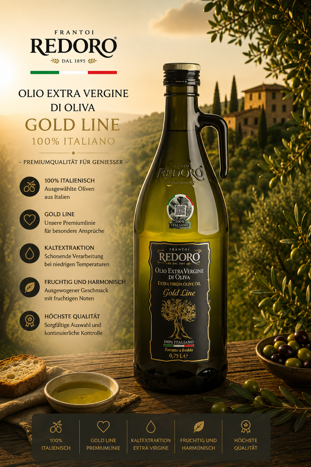 Olivenöl, Gold Line, Italienisch, Extra Vergine, Olivenölflasche