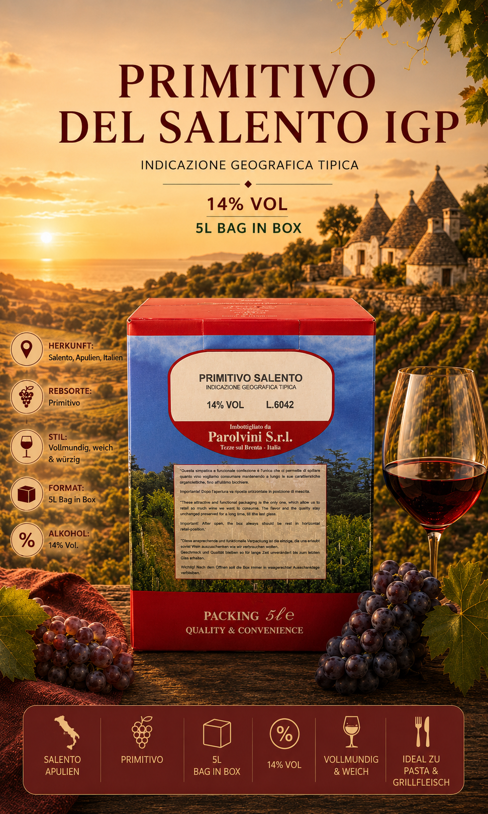 5L Bag in Box, rote Box, Wein, Weintrauben Clusters, Alkohol 14%