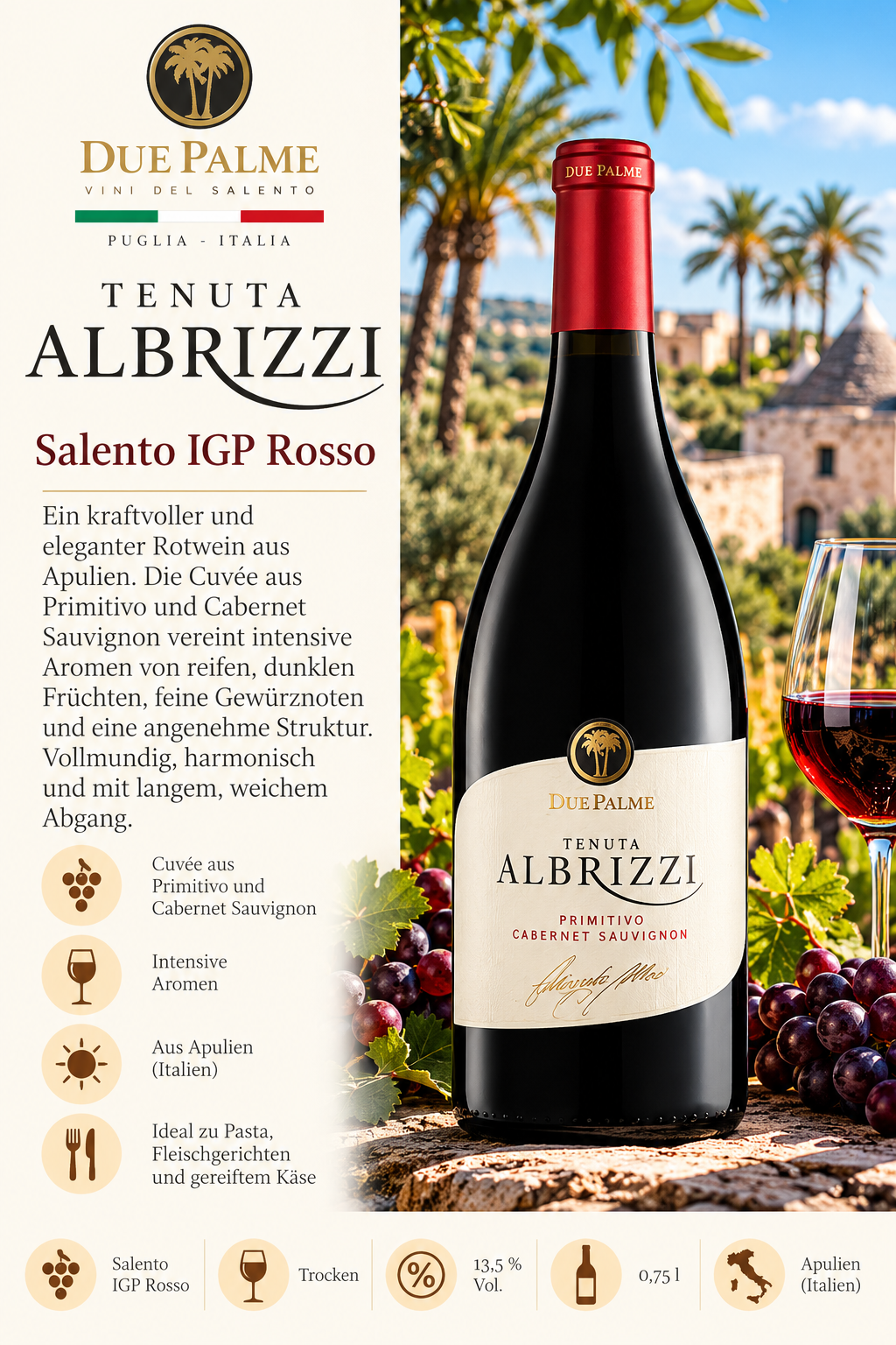 Rotwein, Cabernet Sauvignon, Primitivo, Alfrizzi, Salento IGP Rosso