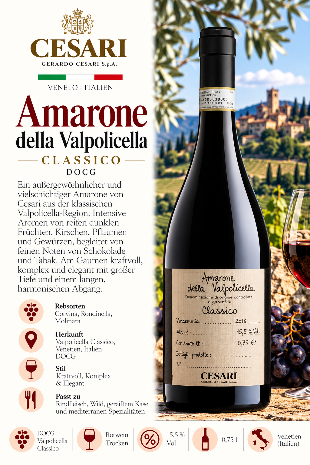 Amarone, Valpolicella, Classic o, dunkle Farbe, Weinflasche