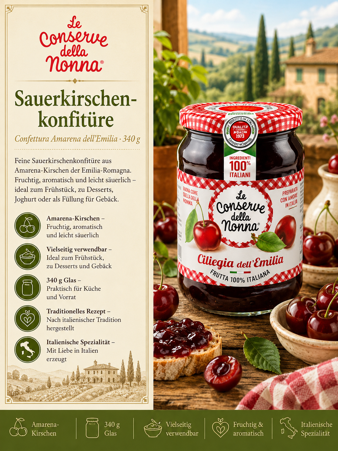 Sauerkirschkonfitüre, Glas, Italienische Spezialität, Amarena-Kirschen, Fruchtaufstrich
