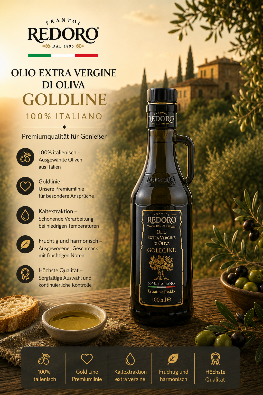 olivenöl, goldline, extra virgin, glasflasche, italienisches produkt