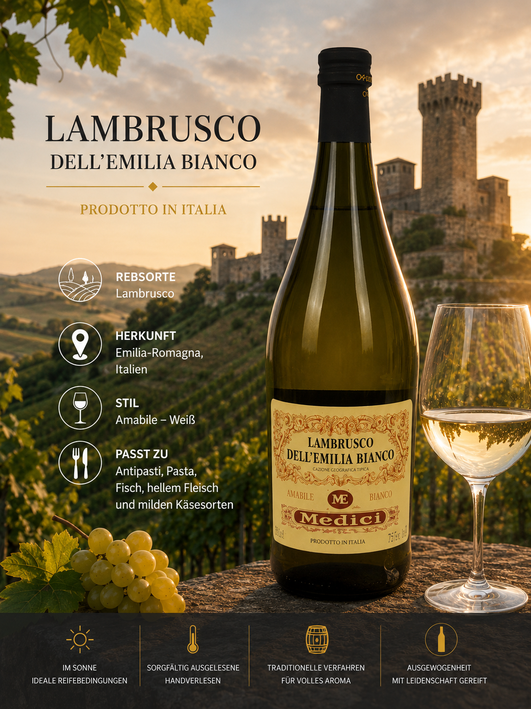 Weißwein, Lambrusco, Italien, Weinflasche, Weinbergblick