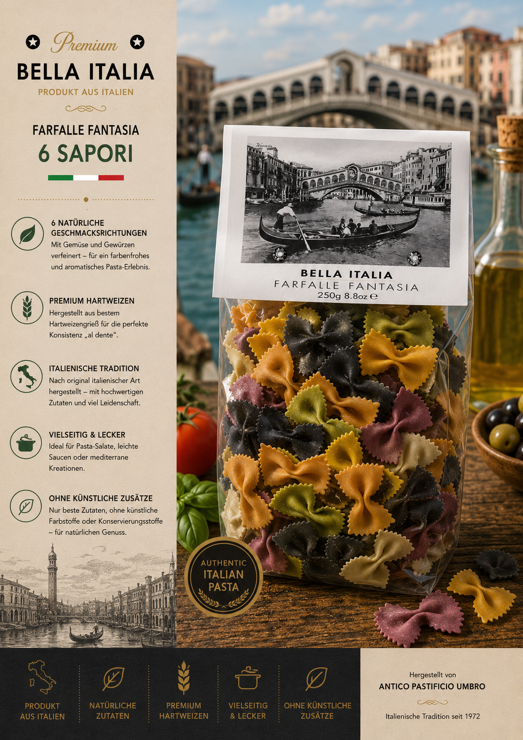 Pasta, Farfalle, Multicolor pasta, Italienische Herkunft, 250g