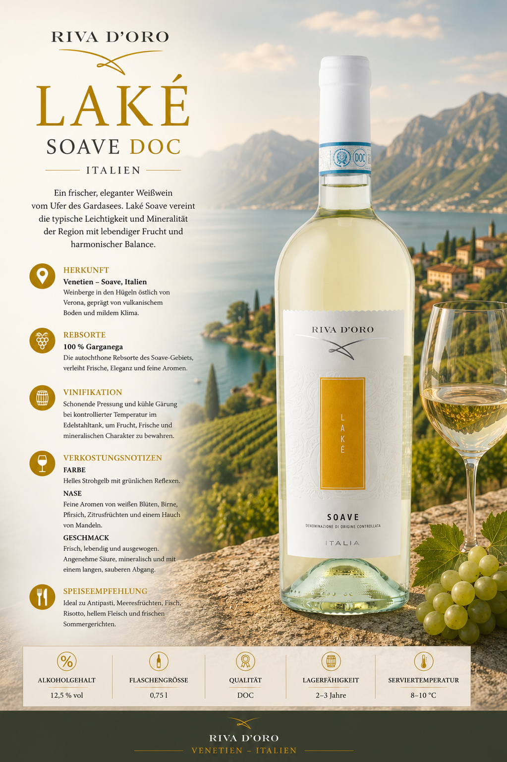 Weißwein, Lamé Soave, Glasflasche, Italien, Riva d'Oro