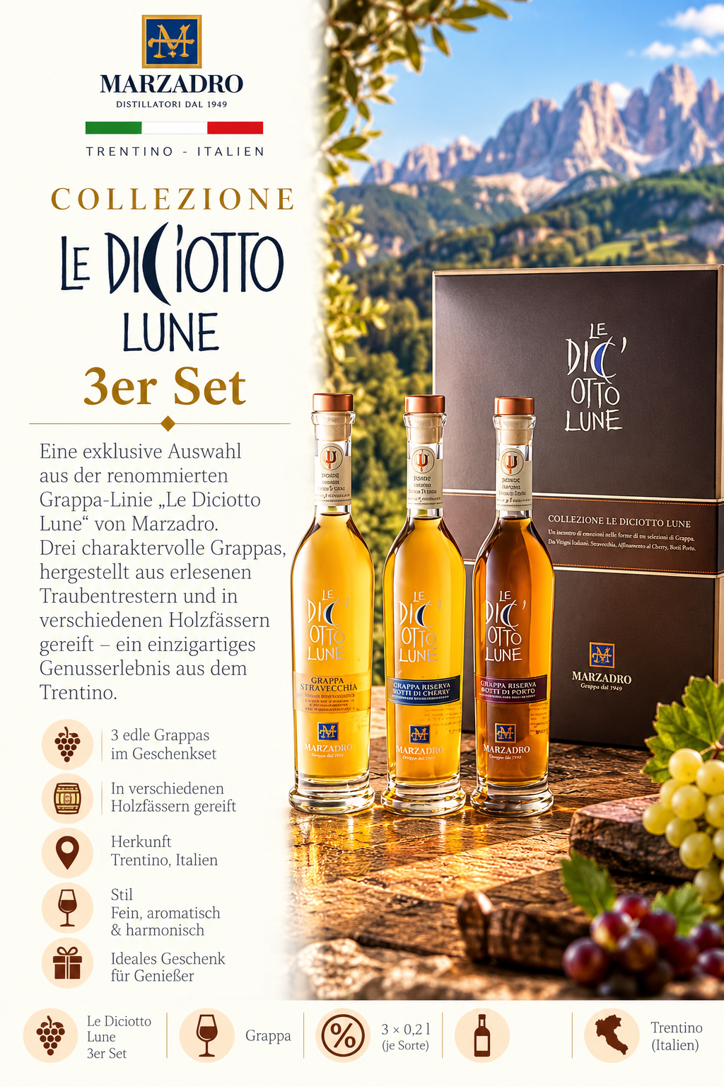 grappa, set, flaschen, gläser, italien