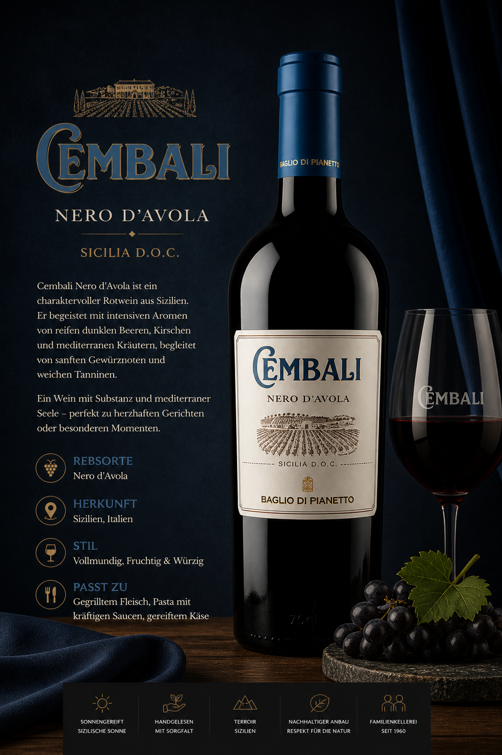 Wein, Rotwein, Nero d'Avola, Sizilien, Baglio di Pianetto