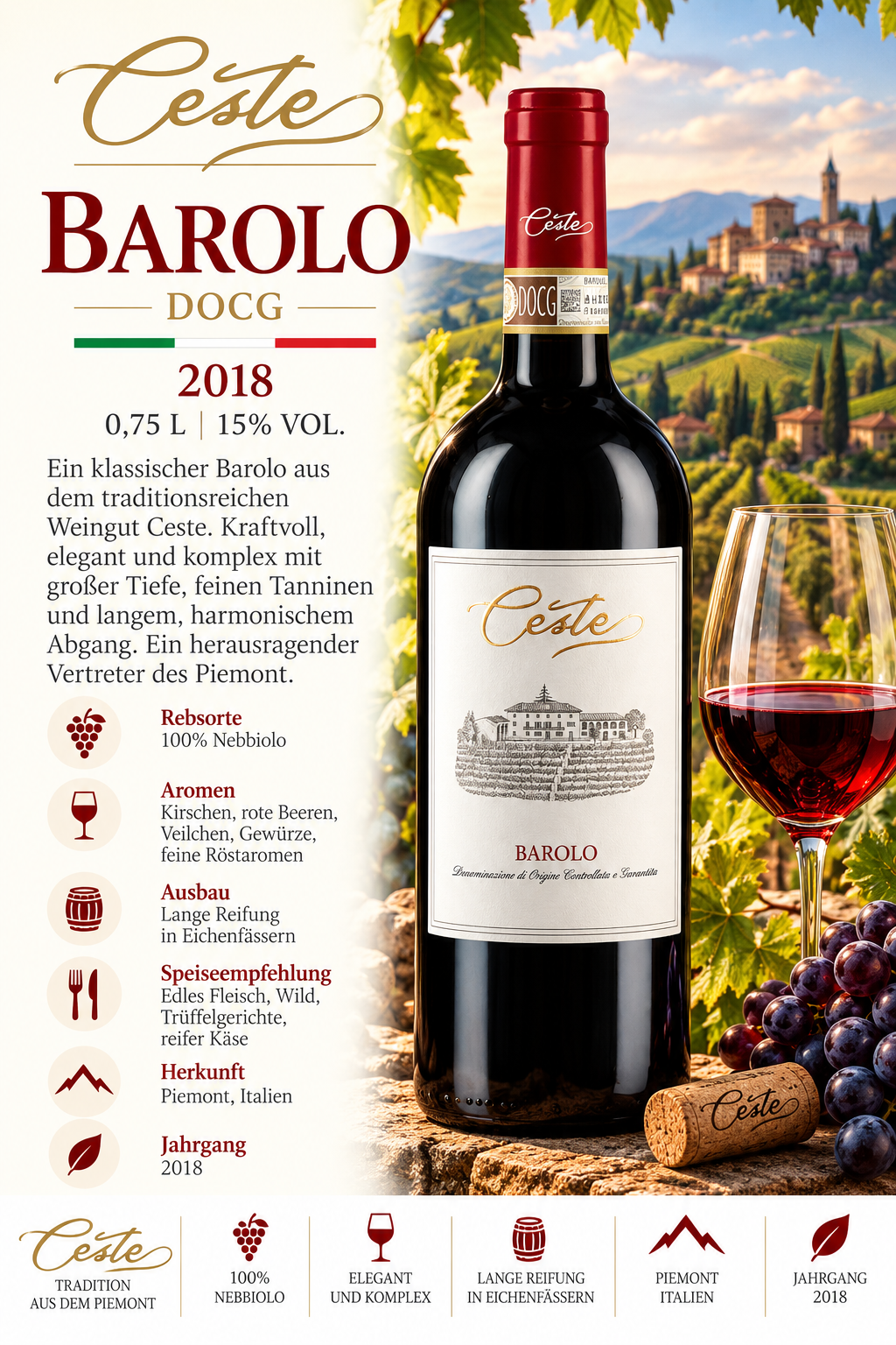 Barolo, Weinflasche, Rotwein, Ceste, Jahrgang2018