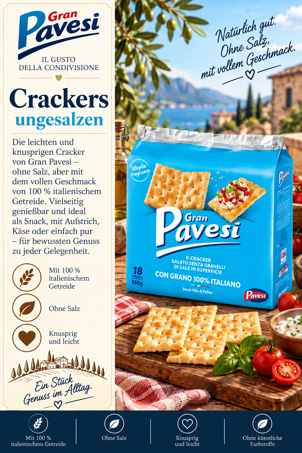 Cracker, Knusprig, Salzfrei, Italienische Getreide, Packung Blau