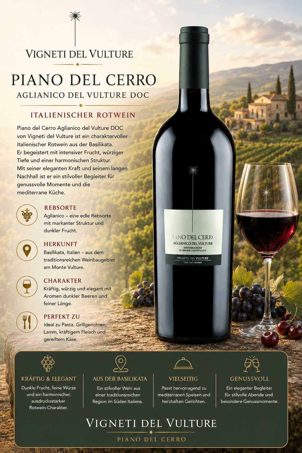 Rotwein, Weinflasche, Piano del Cerro, Italienischer Wein, Vinette