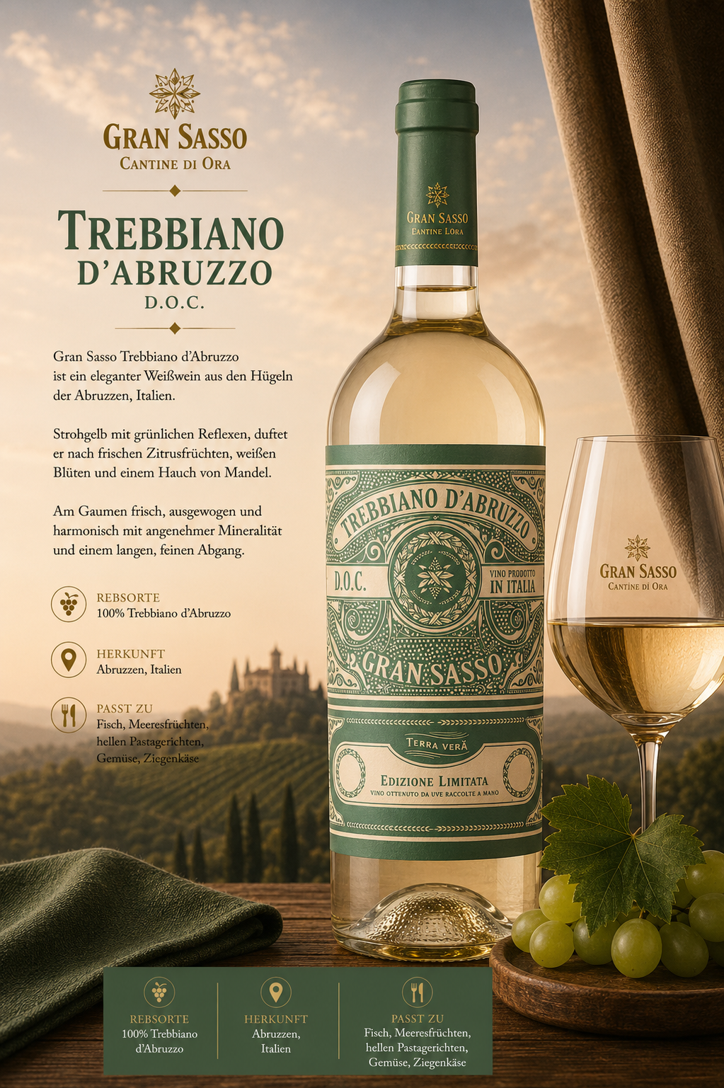 Weißwein, Trebbiano d’Abruzzo, Grün/grüne Etiketten, Italien, D.O.C.