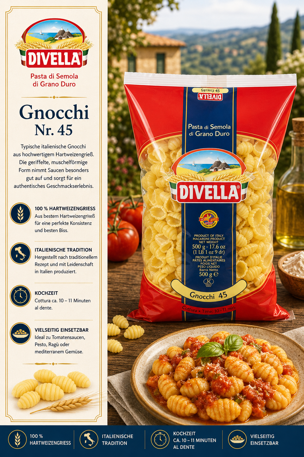 Gnocchi, Pasta, Divella, Hartweizengrieß, 500 g