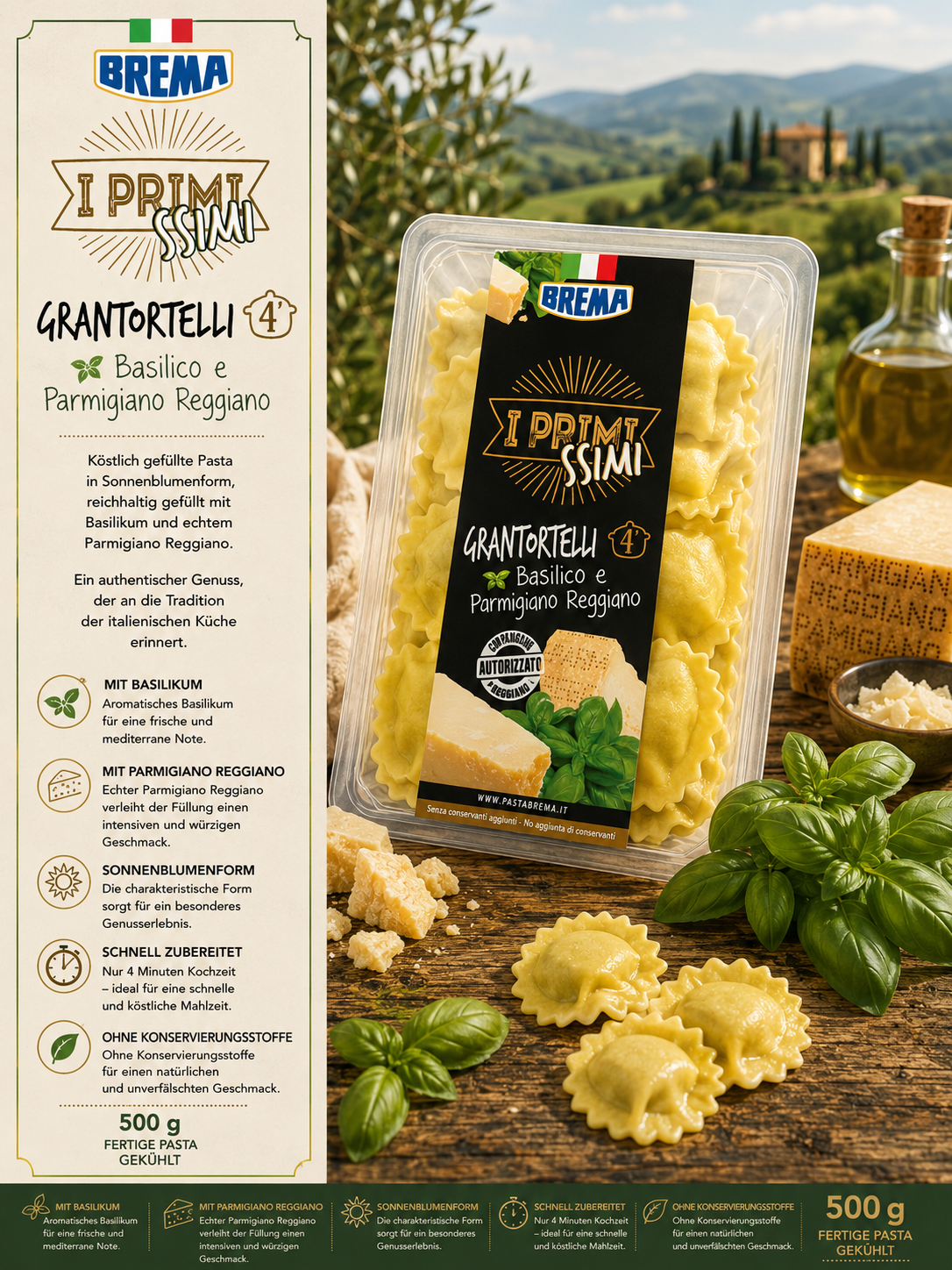Pasta, Grantortelli, Käsefüllung, Basilikum, Parmigiano Reggiano