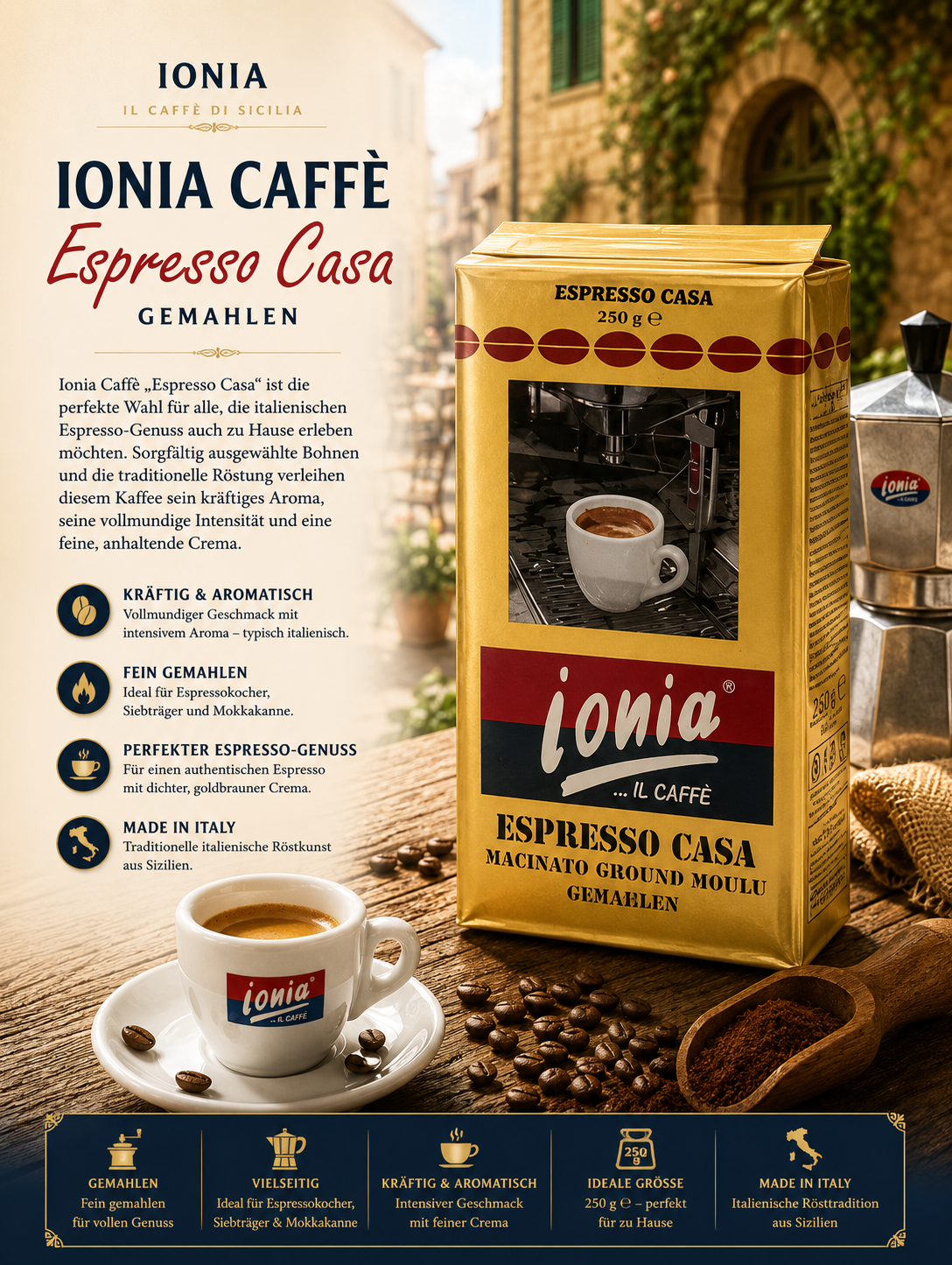 Kaffee, Espresso, Kaffeepackung, gemahlen, Ionia