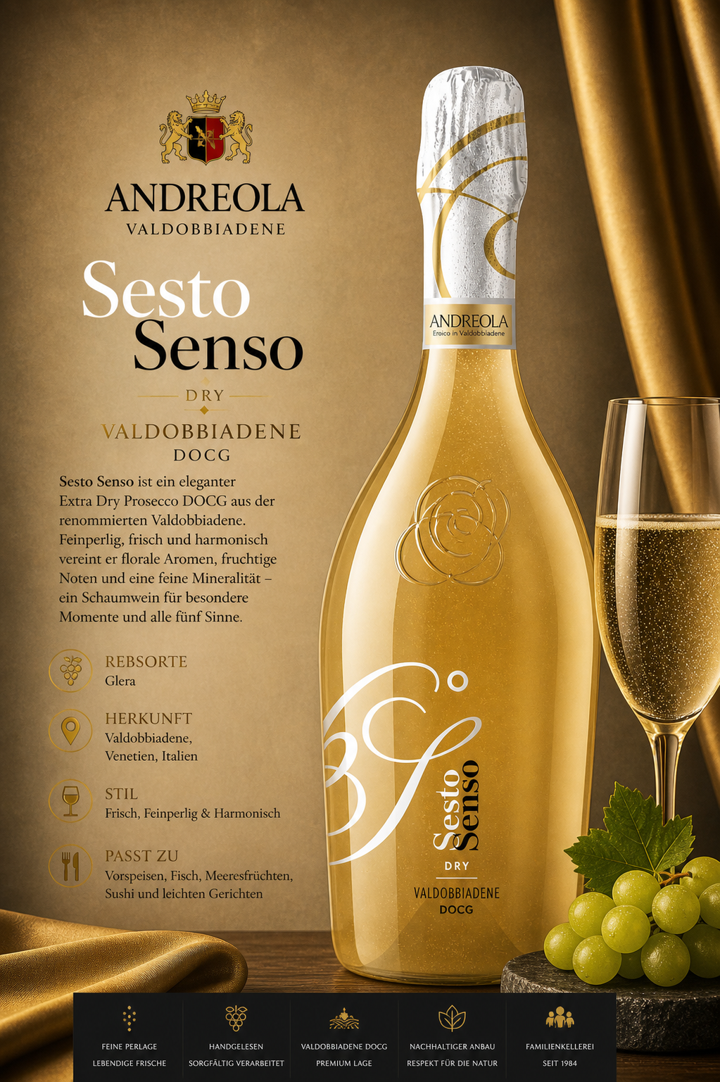 Prosecco, Sekt, Flasche, Glas, Weintrauben