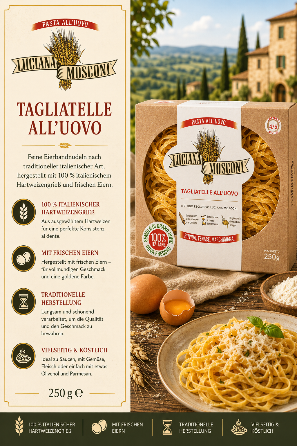 Pasta, Tagliatelle, Eiernudeln, Italienische Pasta, 250 g