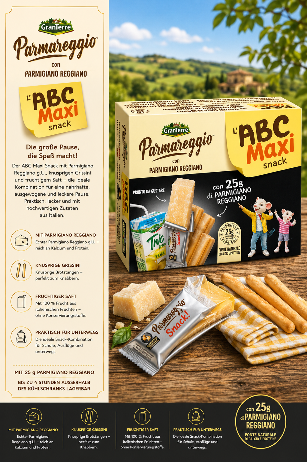 Parmigiano Reggiano, Parmareggio, ABC Maxi snack, Käse, Snack, Parmesan, Snack, ABC Maxi, GranaTerre, Paket
