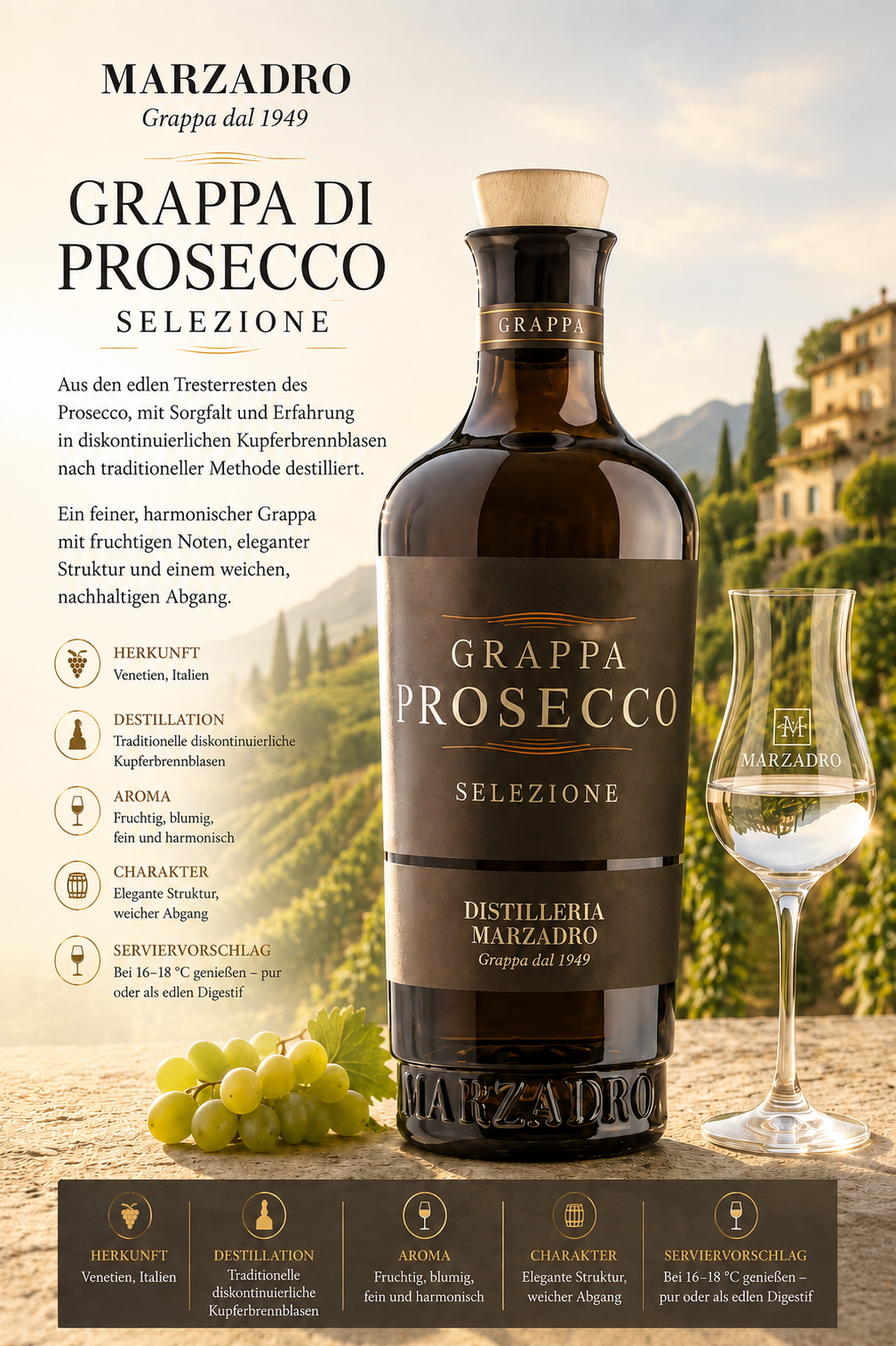 Grappa, Prosecco, Selezione, Distilleria Marzadro, Grapa dal 1949, Prosecco, Grappa, Flasche, Glas, Italien