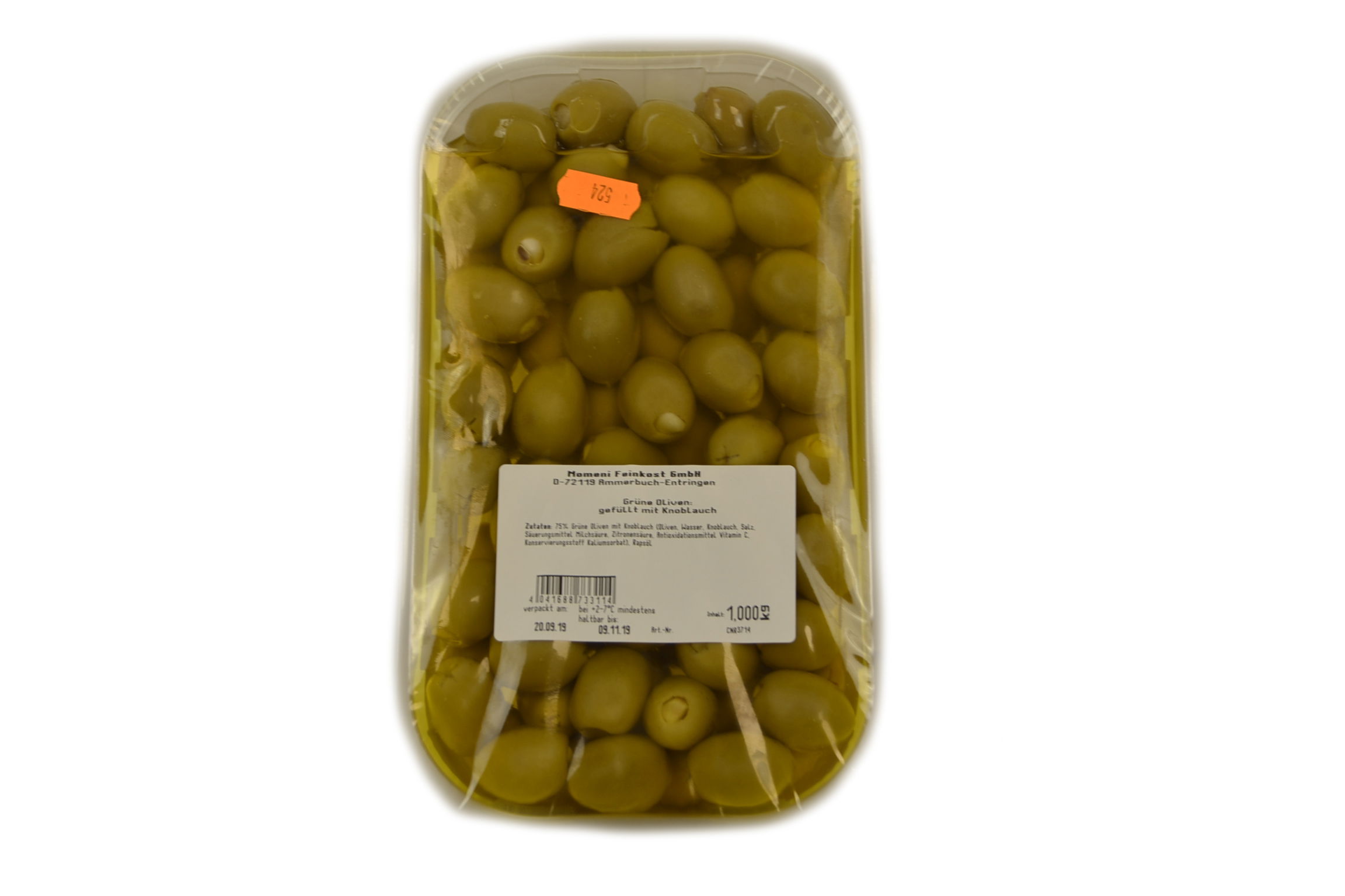 Oliven grün gefüllt mit Paprika, Kräuter & Knoblauch