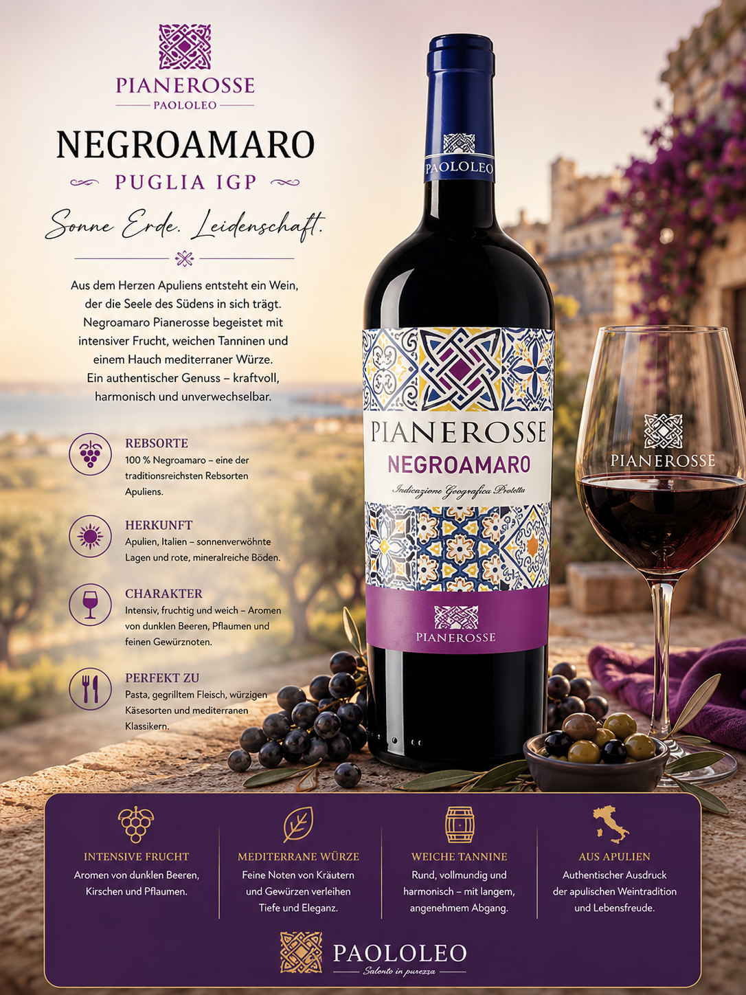 Wein, Negroamaro, Pianerose, Rotwein, Italienisch