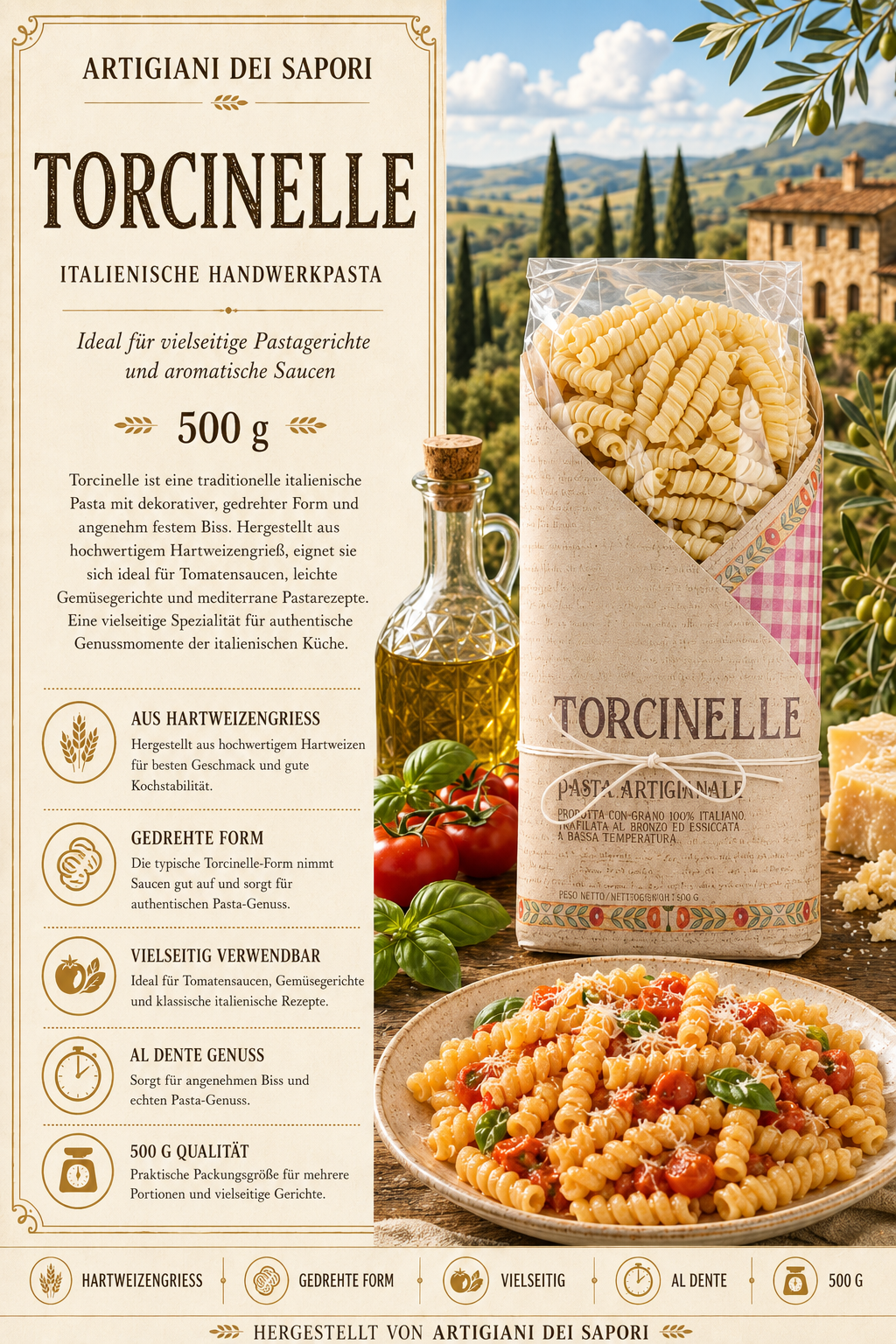 Pasta, Torcinelle, 500 g, Pasta Pack, Olivenöl