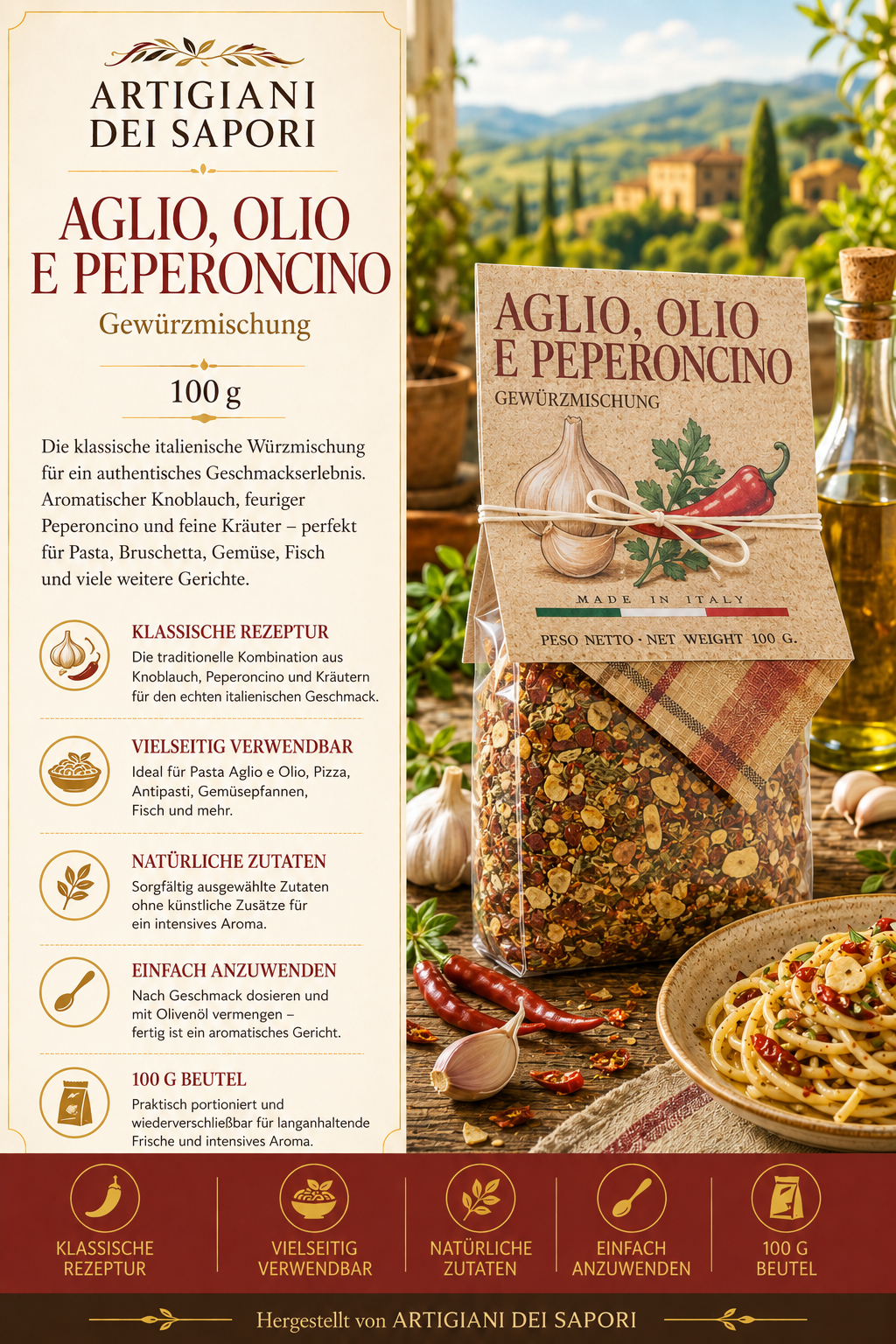 Knoblauch, Olivenöl, Peperoncino, Gewürzmischung, 100 g