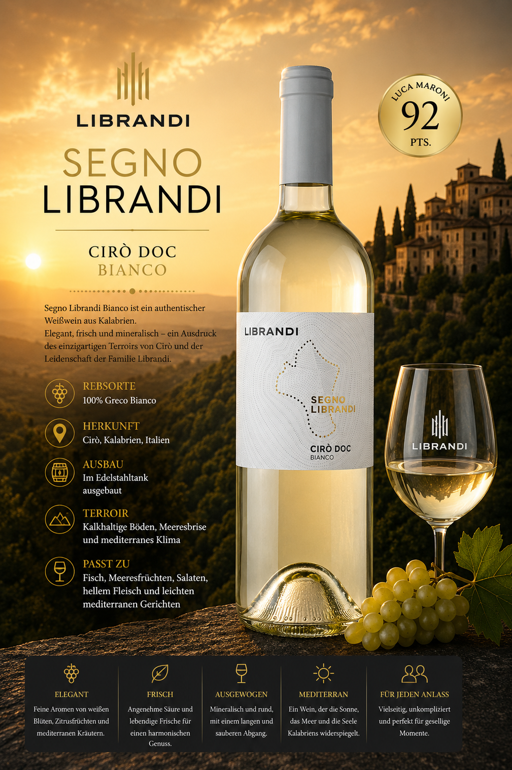 Weißwein, Kalabrien, Segno Librandi, Flasche, Weißwein Glas