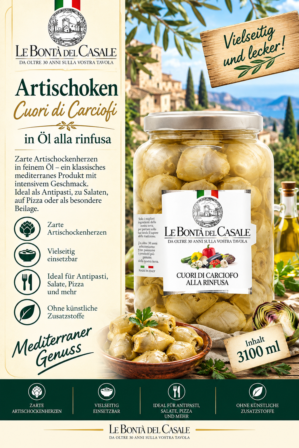 Artischocken, Gleichmäßige Artischockenherzen, Olivenöl, Gläser jar, Mediterraner Genuss