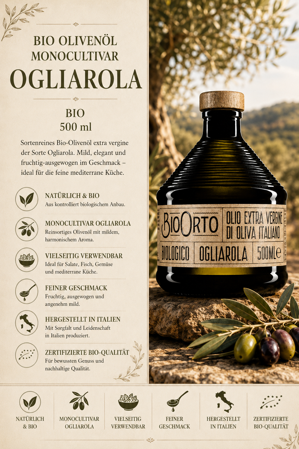 Olivenöl, BIO, Monocultivar, 500 ml, Olio extra vergine di oliva