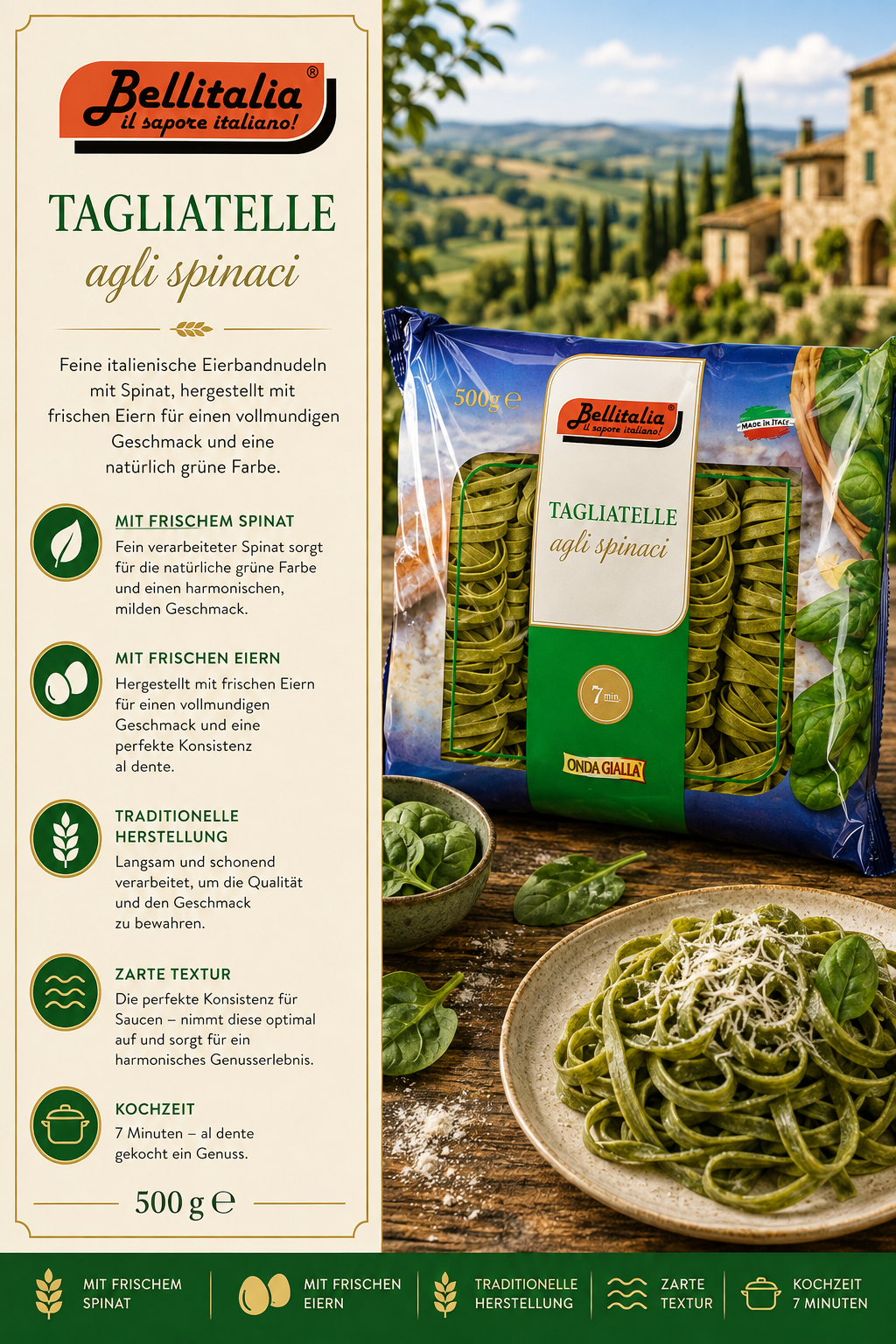 Tagliatelle, aglio spinaci, italienische eiernudeln, 500 g, tirol?