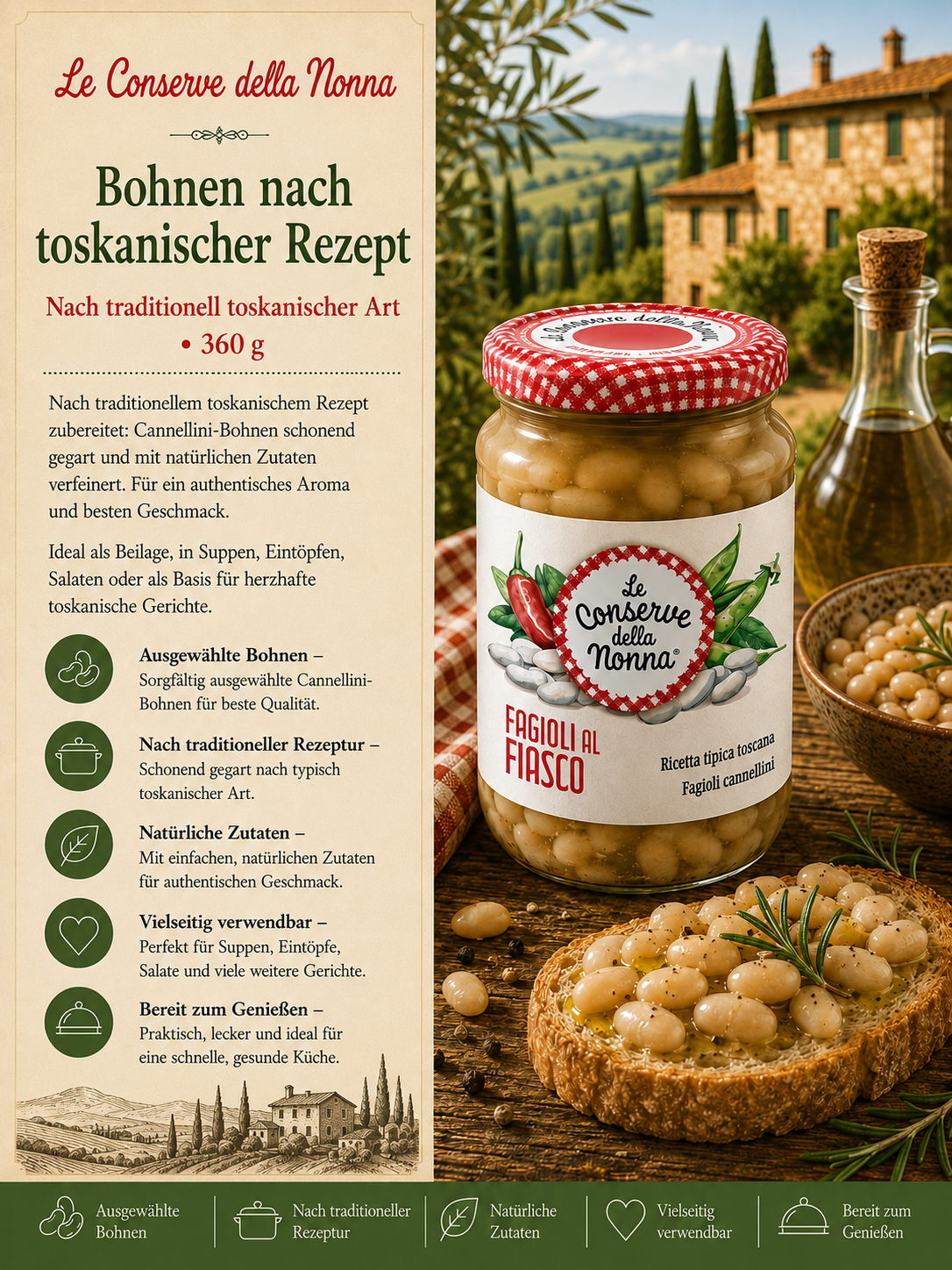 Kichererbsen, Bohnen, Glasgläser, italienisch, Conserve della Nonna