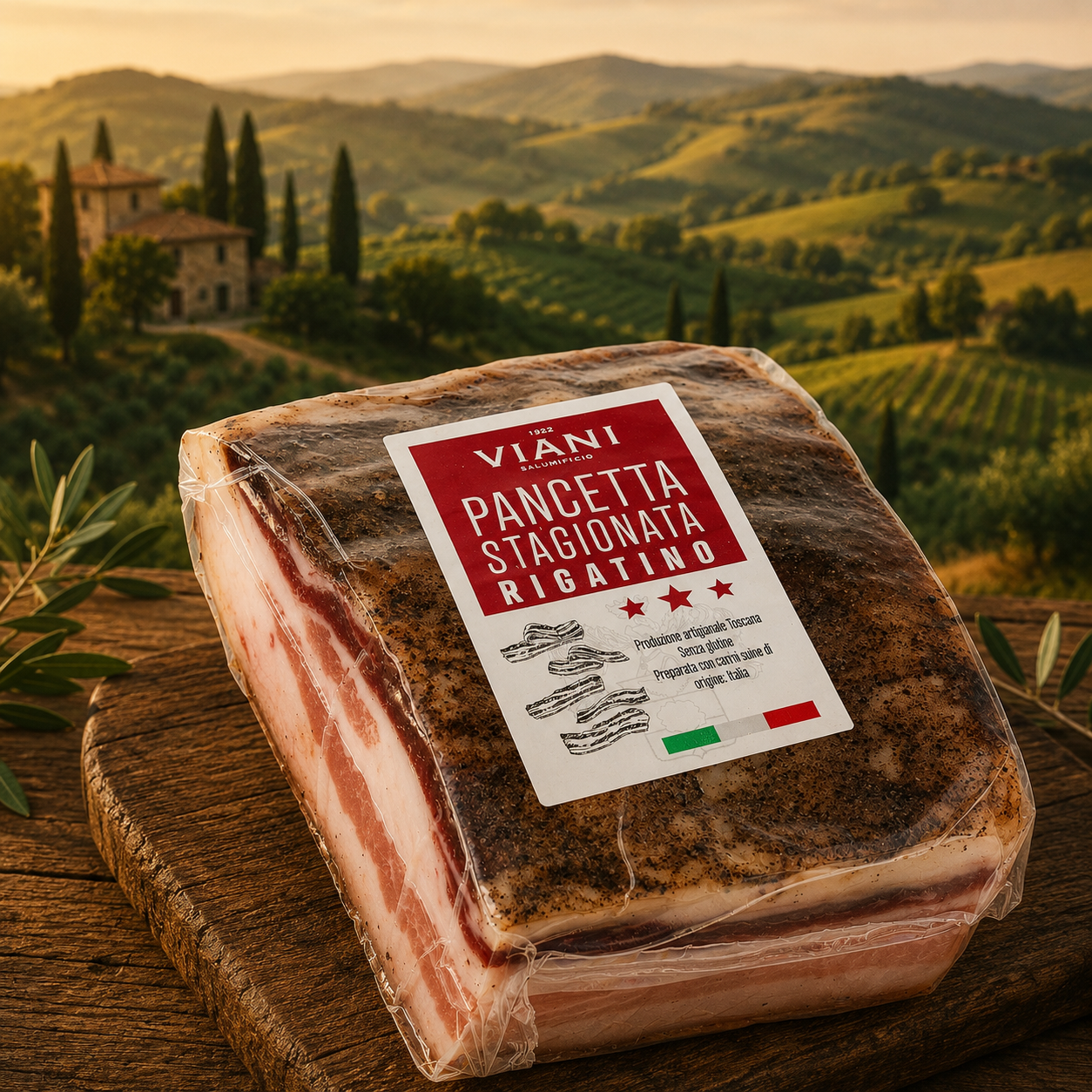 Pancetta, Stück, geschnitten, Paket, Lebensmittel