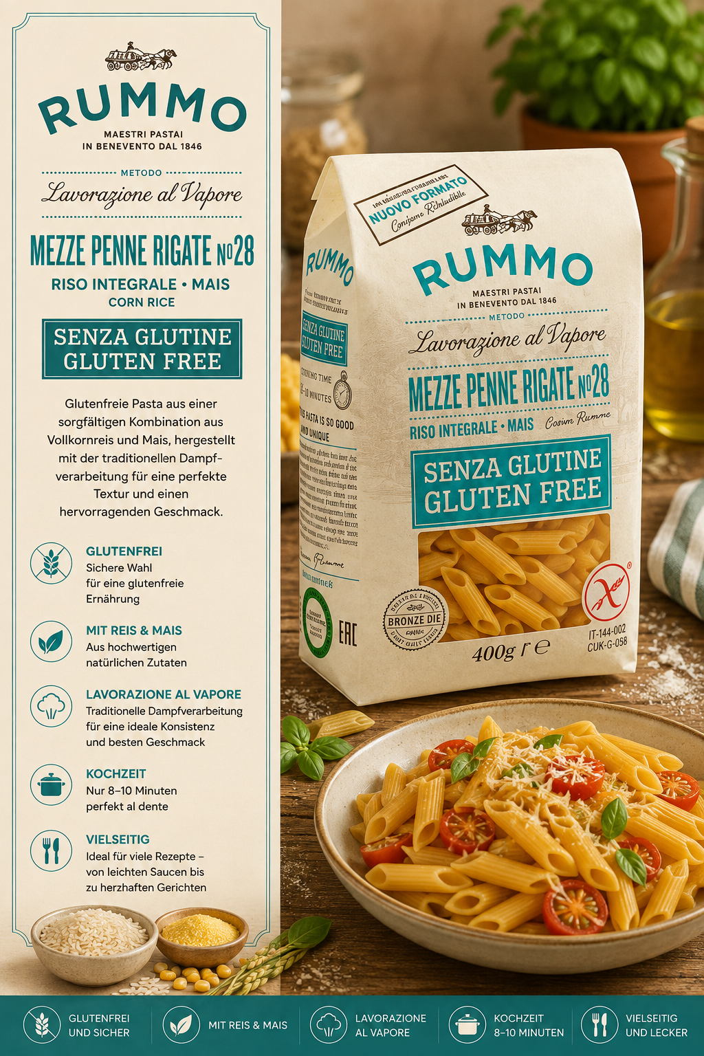 Pasta, Mezze Penne, Riso integrale, Glutenfrei, 400 g