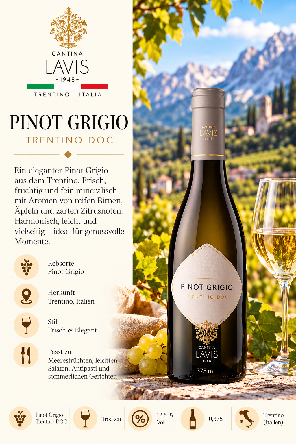Pinot Grigio, Trentino, DOC, Weinflasche, Glas Wein