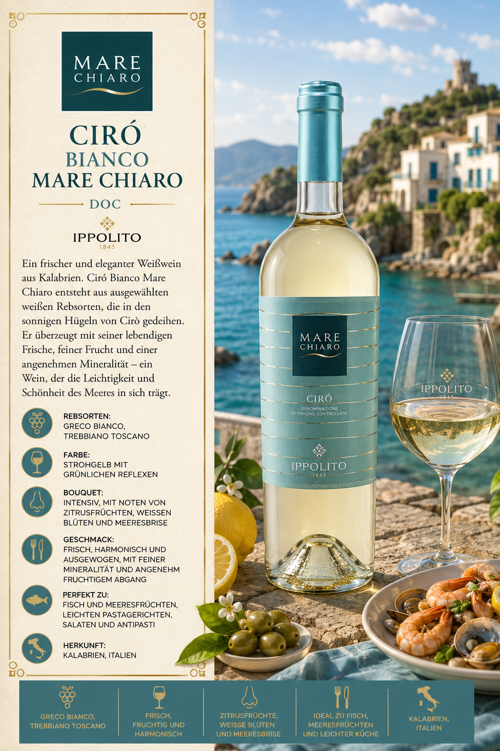 Weißwein, Flasche, Barrique-Label, Italien, Küste/Meerblick