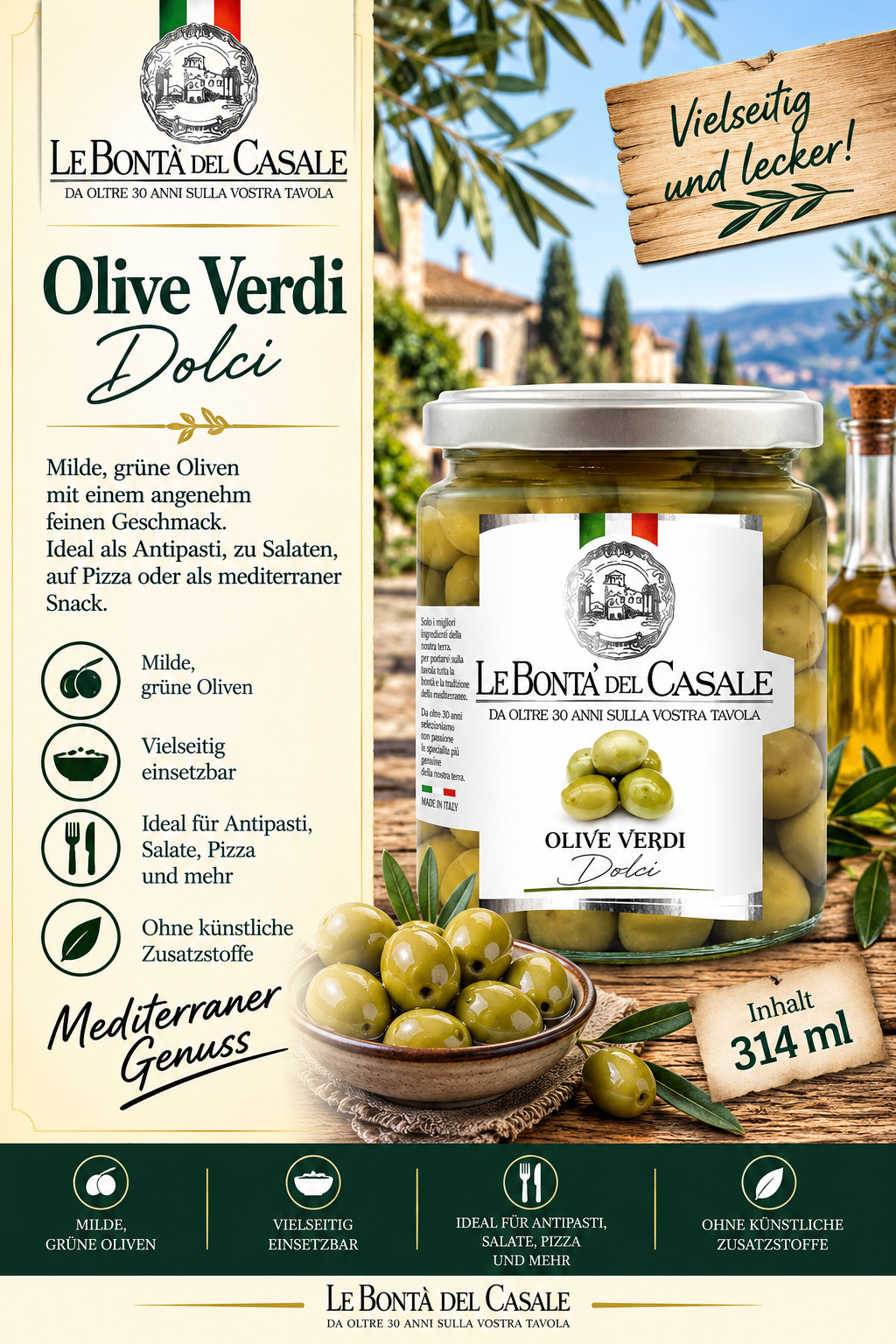 Olive Verdi, Gläser Oliven, Glasinhalt 314 ml, Oliven im Glas, Mediterraner Genuss