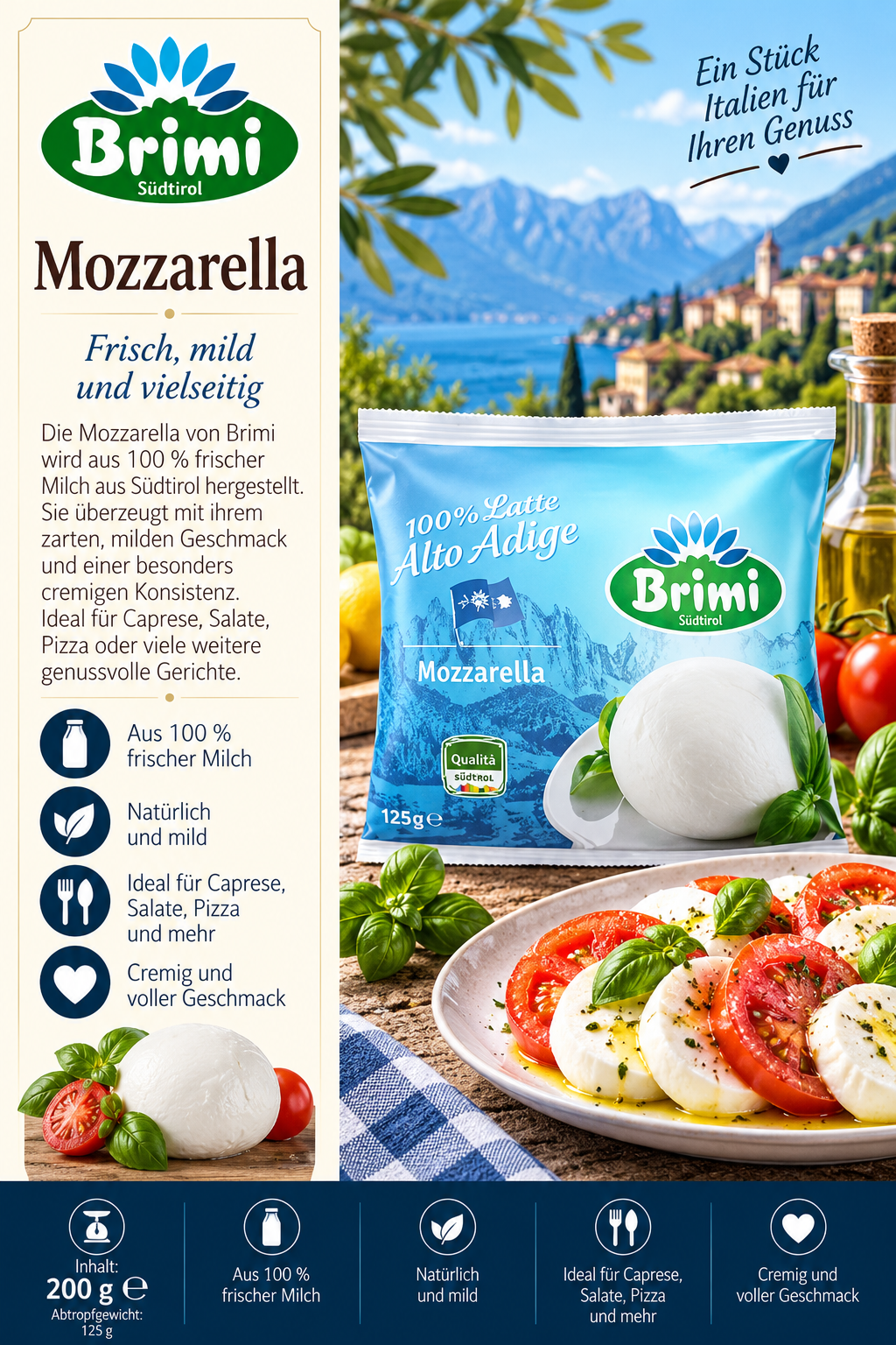 Mozzarella, Käse, Milchkäse, Brimi, 125g-125g