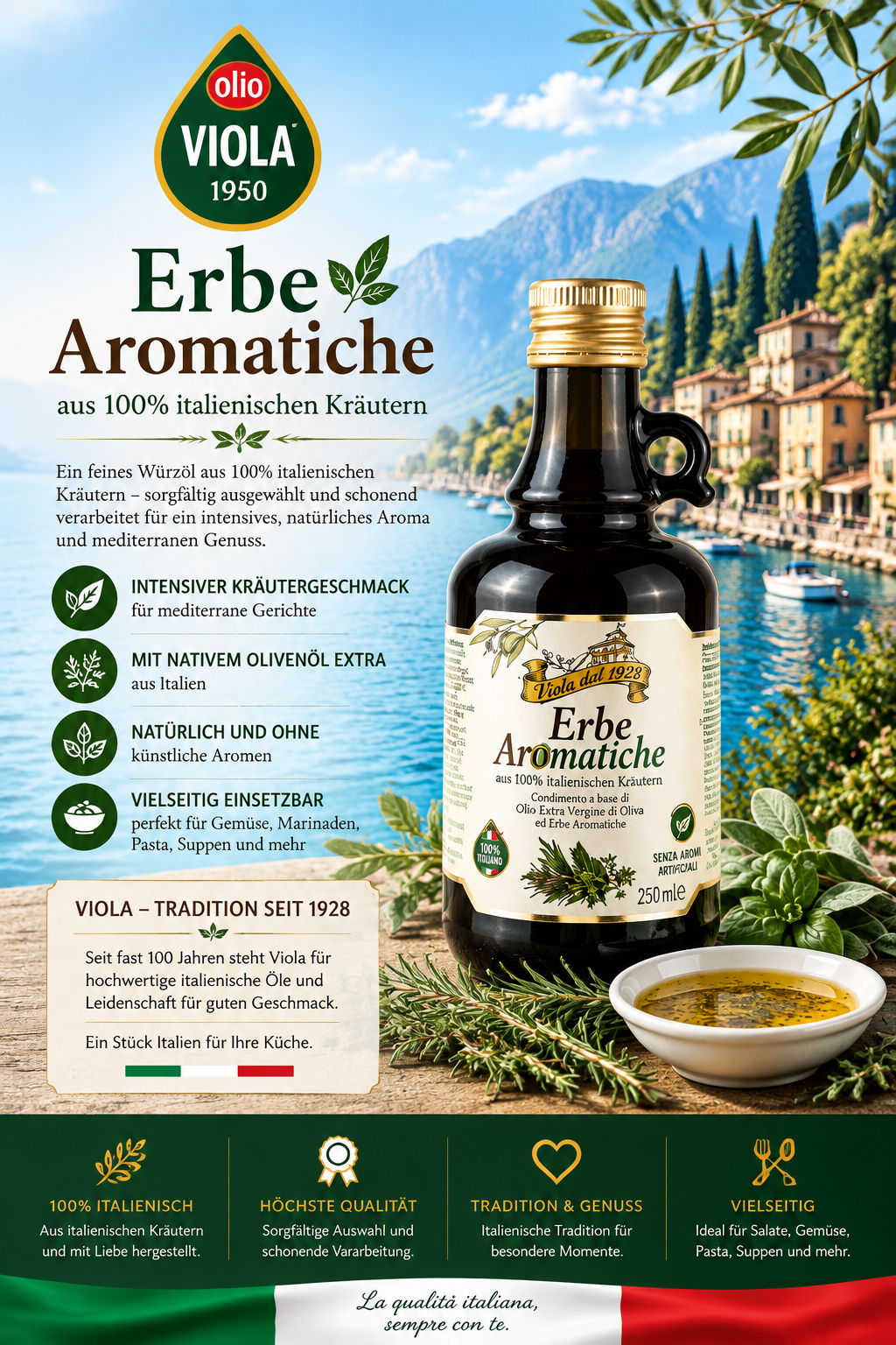 Erbe Aromatische, Olivenöl, italienische Kräuter, Flasche nachhaltig, Italienischer Geschmack