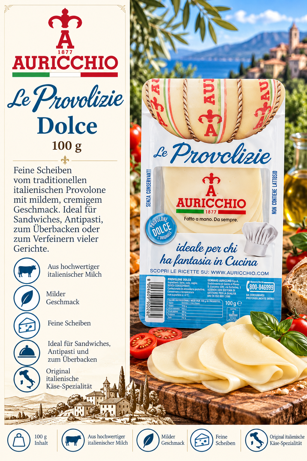 Käse, Käse-Scheibe, Provolone, italienischer Käse, 100 g