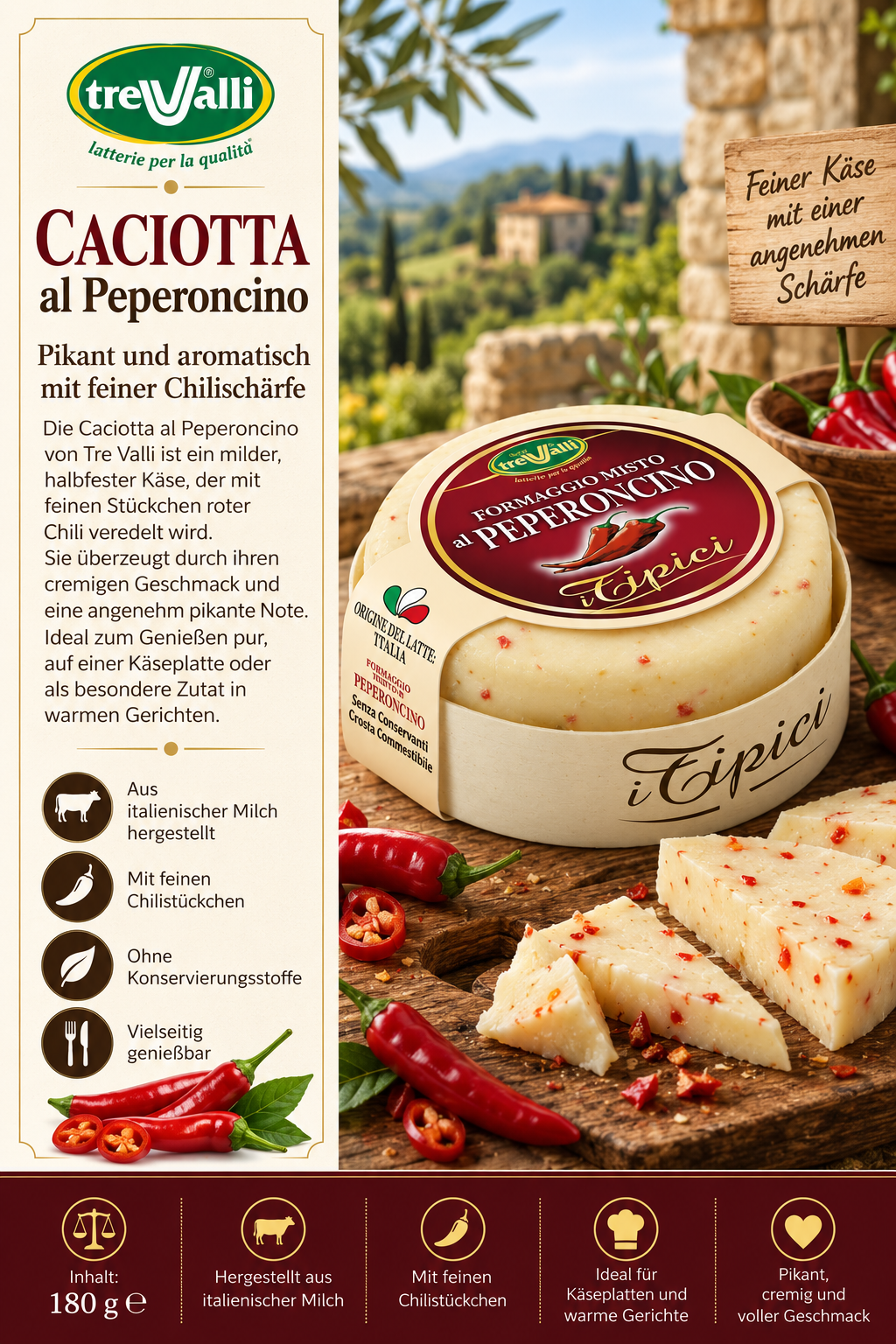 Käse, Caciotta, Chilischärfe, Italienische Milch, Chilischoten