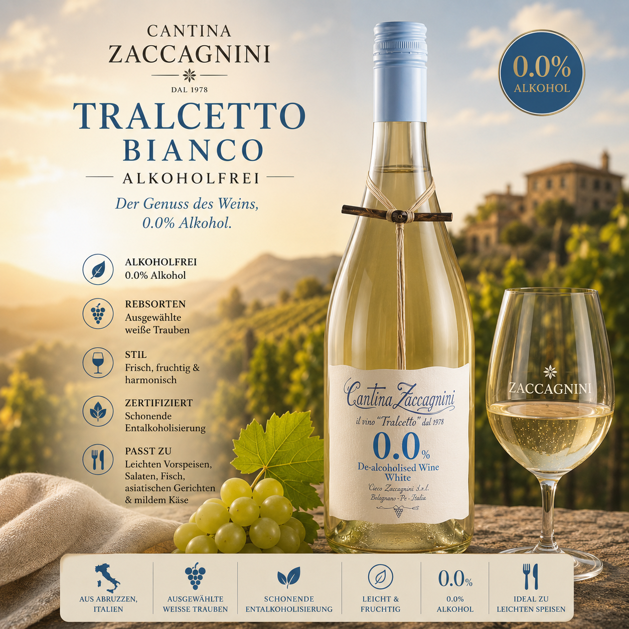 Wein, alkoholfrei, 0.0%, Tralcetto, Weißwein