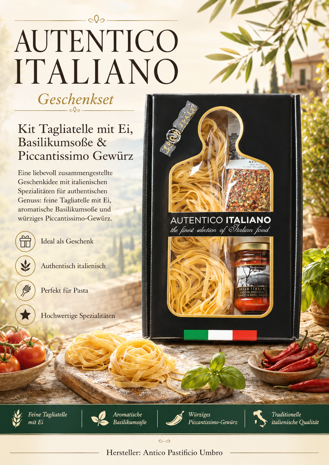 Pasta-Set, Tagliatelle, Eiernudeln, italienische Würze, Geschenkset