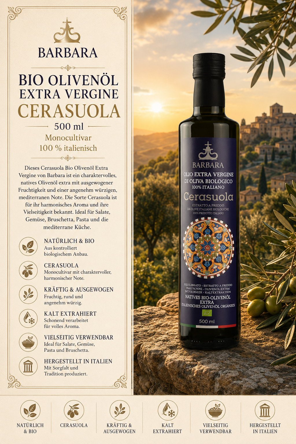 Olivenöl, Bio Olivenöl, Extra Vergine, Cerasuola, 500 ml