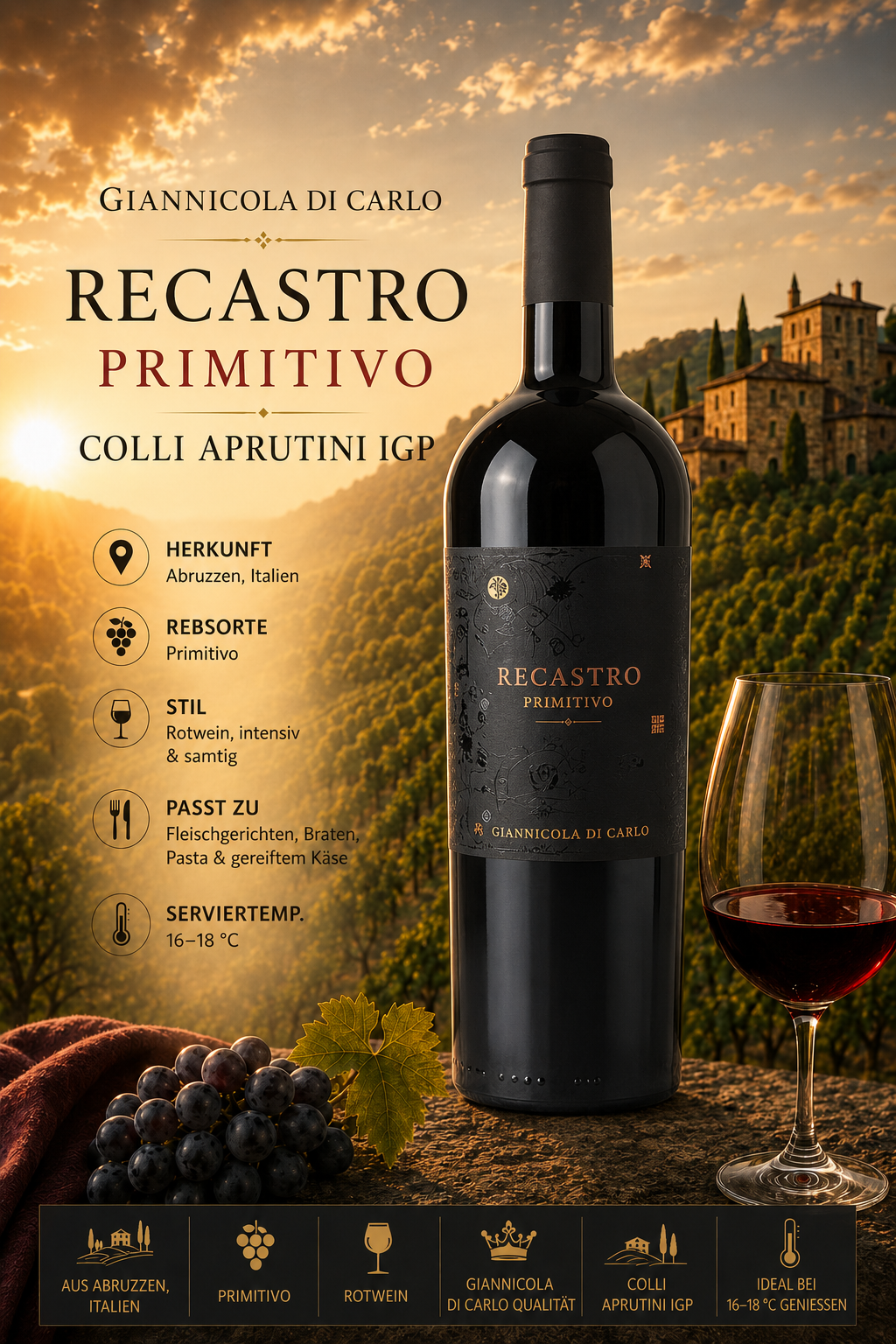 Wein, Rotwein, Primitivo, Colli Aprutini, Flasche