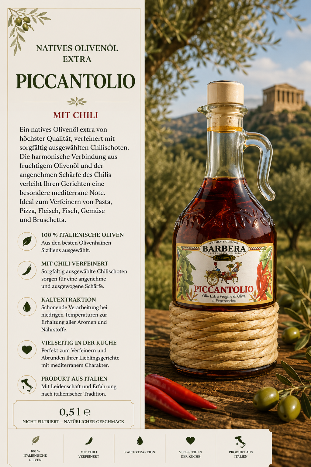 olivenöl, piccantolio, mit chili, glass bottle, italienische oliven
